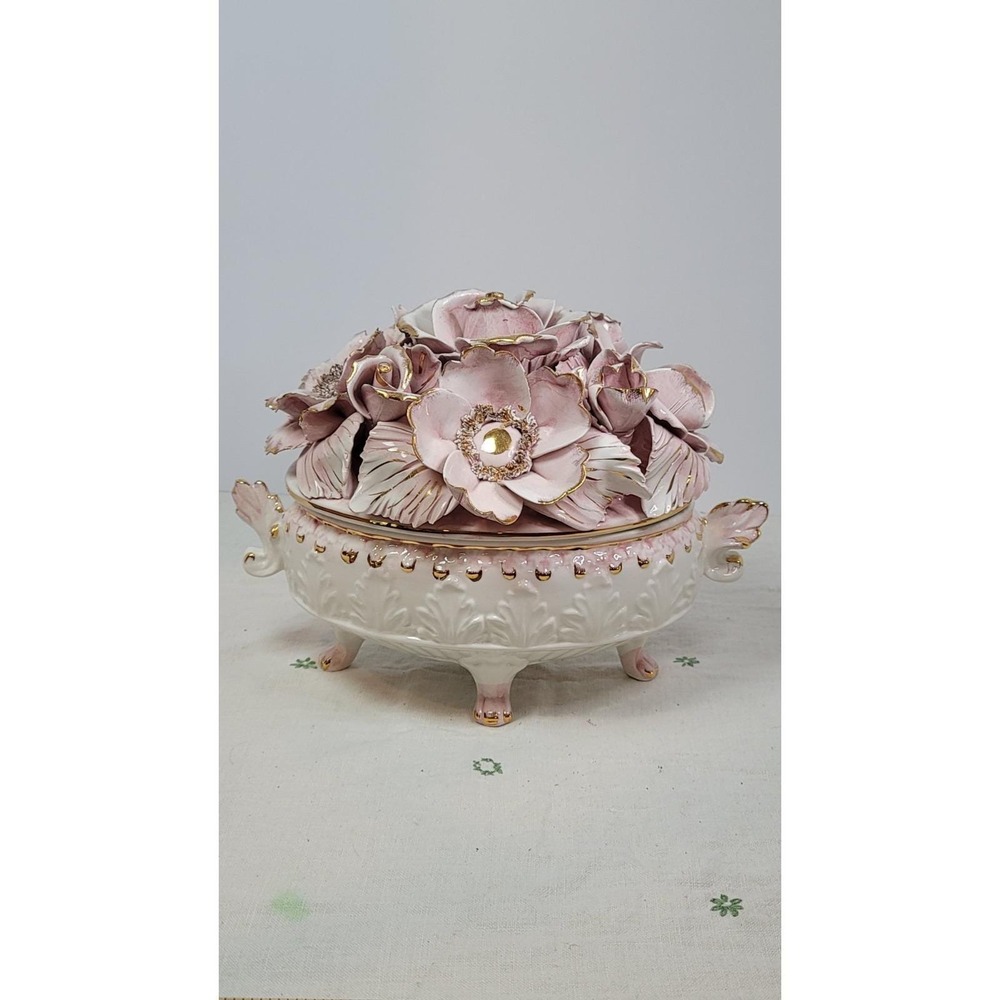 Vintage Capodimonte Floral Centerpiece  Made In Italy‎ Rare Gold Rose ~11x8x8